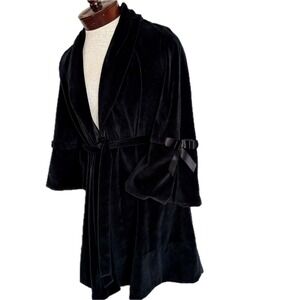 Betsy Johnson Intimates Velvet Satin Ribbon Robe Long Sleeves 3/4 Sz M Black VTG
